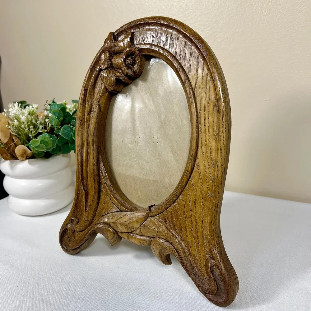 Vintage 1980 Hand Carved Daffodil Floral Design Wood Frame | 5x7